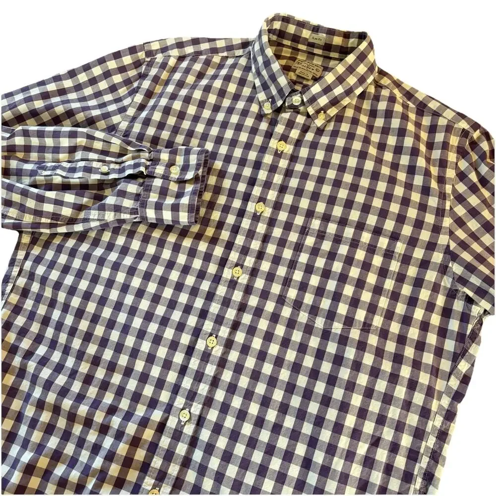 J. Crew Men’s Slim Fit Size Large Purple & White Check Long Sleeve Button Down